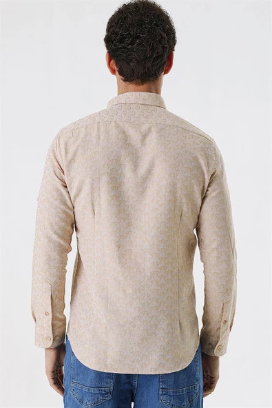 Bej Kısalabilir Kollu Desenli JakarlıCepsiz %100 Pamuk Casual Slim Fit Gömlek 1004230181 - Resim 6