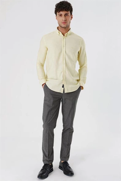 Sarı Kısalabilir Kollu Gabardin Cepsiz %100 Pamuk Casual Slim Fit Dar Kesim Gömlek 1004230180 - Resim 4