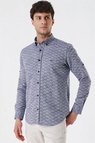 Koyu Lacivert Kısalabilir Kollu Desenli JakarlıCepsiz %100 Pamuk Casual Slim Fit Gömlek 1004230181 - Resim 3