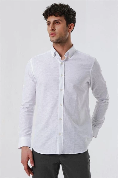 Beyaz Kısalabilir Kollu Desenli JakarlıCepsiz %100 Pamuk Casual Slim Fit Gömlek 1004230181