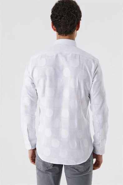 Beyaz Kısalabilir Kollu Desenli JakarlıCepsiz %100 Pamuk Casual Slim Fit Gömlek 1004230183 - Resim 6