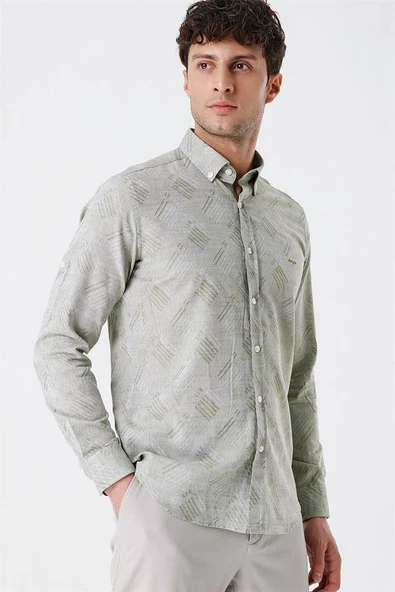 Koyu Haki Kısalabilir Kollu Desenli JakarlıCepsiz %100 Pamuk Casual Slim Fit Gömlek 1004230182 - Resim 2