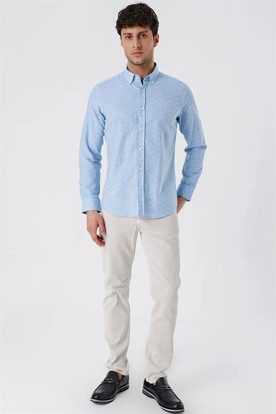 Koyu Mavi Kısalabilir Kollu Desenli JakarlıCepsiz %100 Pamuk Casual Slim Fit Gömlek 1004230181 - Resim 5