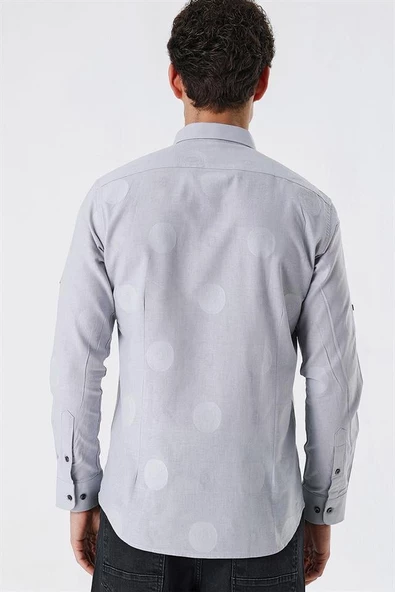 Açık Gri Kısalabilir Kollu Desenli JakarlıCepsiz %100 Pamuk Casual Slim Fit Gömlek 1004230183 - Resim 6