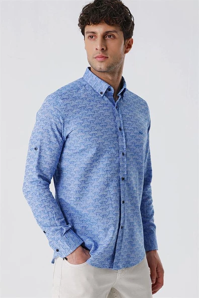 Mavi Kısalabilir Kollu Desenli JakarlıCepsiz %100 Pamuk Casual Slim Fit Gömlek 1004230181 - Resim 2