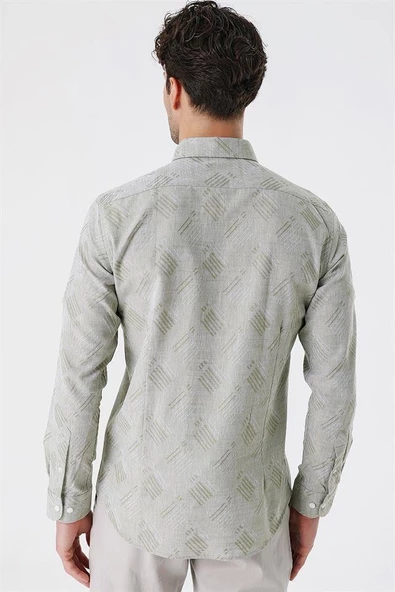Koyu Haki Kısalabilir Kollu Desenli JakarlıCepsiz %100 Pamuk Casual Slim Fit Gömlek 1004230182 - Resim 6