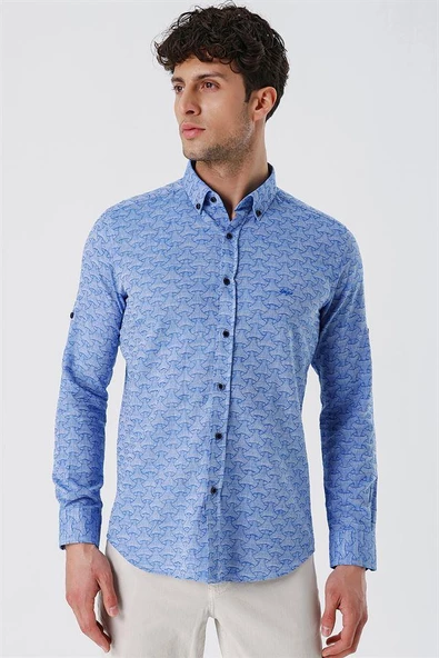Mavi Kısalabilir Kollu Desenli JakarlıCepsiz %100 Pamuk Casual Slim Fit Gömlek 1004230181 - Resim 3
