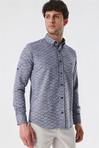Koyu Lacivert Kısalabilir Kollu Desenli JakarlıCepsiz %100 Pamuk Casual Slim Fit Gömlek 1004230181 - Resim 2