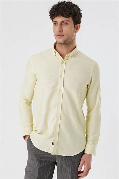 Sarı Kısalabilir Kollu Gabardin Cepsiz %100 Pamuk Casual Slim Fit Dar Kesim Gömlek 1004230180 - Resim 3