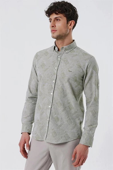 Koyu Haki Kısalabilir Kollu Desenli JakarlıCepsiz %100 Pamuk Casual Slim Fit Gömlek 1004230182 - Resim 3