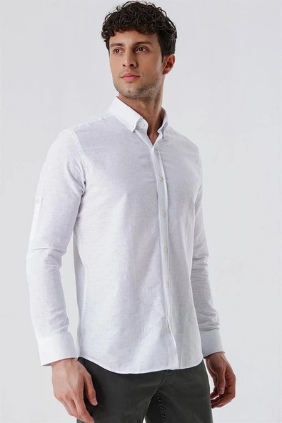 Beyaz Kısalabilir Kollu Desenli JakarlıCepsiz %100 Pamuk Casual Slim Fit Gömlek 1004230181 - Resim 2