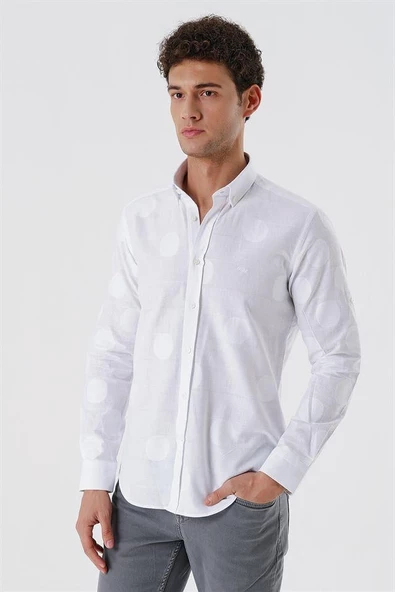 Beyaz Kısalabilir Kollu Desenli JakarlıCepsiz %100 Pamuk Casual Slim Fit Gömlek 1004230183 - Resim 3