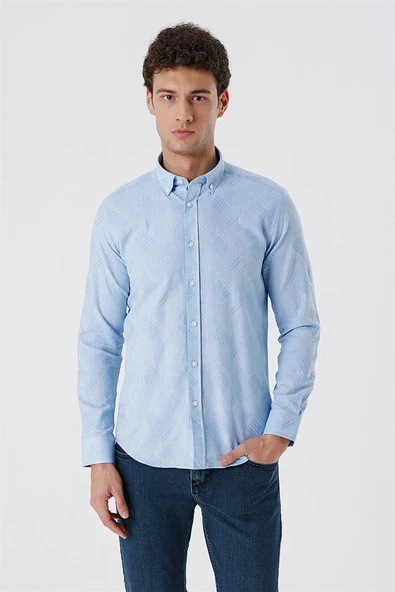 Koyu Mavi Kısalabilir Kollu Desenli JakarlıCepsiz %100 Pamuk Casual Slim Fit Gömlek 1004230182