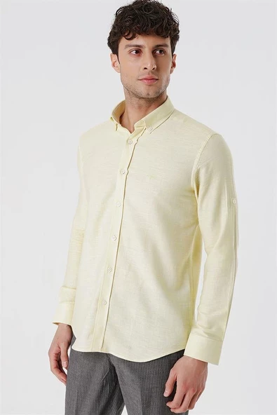 Sarı Kısalabilir Kollu Gabardin Cepsiz %100 Pamuk Casual Slim Fit Dar Kesim Gömlek 1004230180 - Resim 2