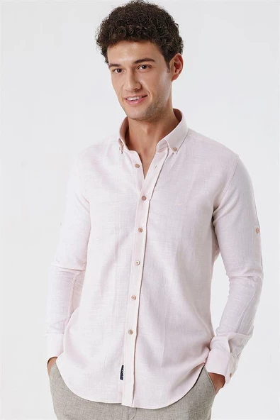 Pudra Kısalabilir Kollu Gabardin Cepsiz %100 Pamuk Casual Slim Fit Dar Kesim Gömlek 1004230180