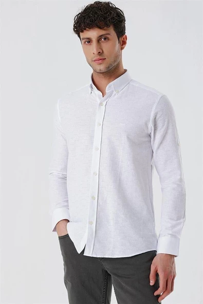 Beyaz Kısalabilir Kollu Desenli JakarlıCepsiz %100 Pamuk Casual Slim Fit Gömlek 1004230181 - Resim 3