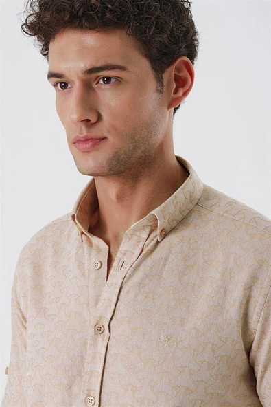 Bej Kısalabilir Kollu Desenli JakarlıCepsiz %100 Pamuk Casual Slim Fit Gömlek 1004230181 - Resim 5