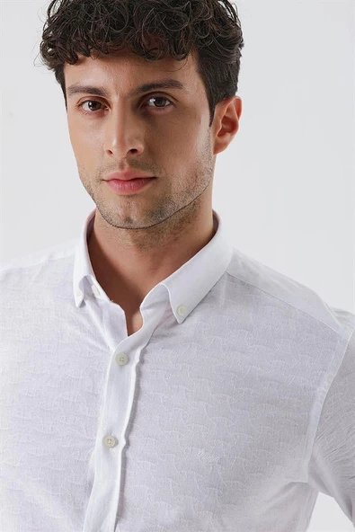 Beyaz Kısalabilir Kollu Desenli JakarlıCepsiz %100 Pamuk Casual Slim Fit Gömlek 1004230181 - Resim 5