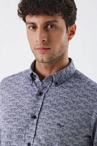 Koyu Lacivert Kısalabilir Kollu Desenli JakarlıCepsiz %100 Pamuk Casual Slim Fit Gömlek 1004230181 - Resim 5