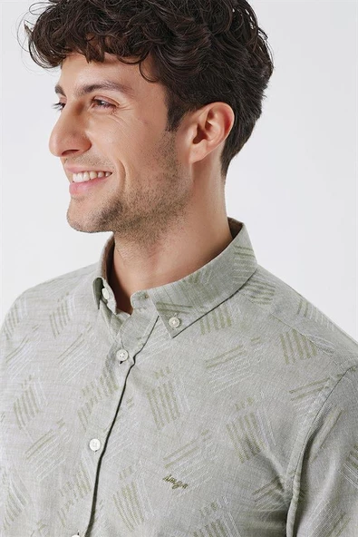 Koyu Haki Kısalabilir Kollu Desenli JakarlıCepsiz %100 Pamuk Casual Slim Fit Gömlek 1004230182 - Resim 5