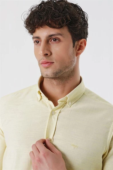 Sarı Kısalabilir Kollu Gabardin Cepsiz %100 Pamuk Casual Slim Fit Dar Kesim Gömlek 1004230180 - Resim 5