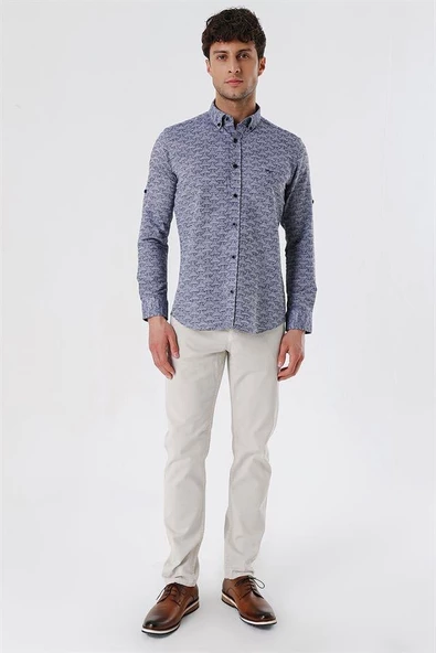 Koyu Lacivert Kısalabilir Kollu Desenli JakarlıCepsiz %100 Pamuk Casual Slim Fit Gömlek 1004230181 - Resim 4