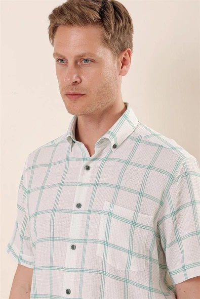 Yeşil Kısa Kollu EkoseliCepli %100 Pamuk Klasik Comfort Fit Rahat Kesim Gömlek 1004230173 - 4