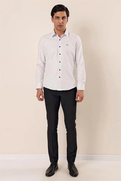 Siyah Uzun Kollu Desenli Armürlü Sert Yaka Cepsiz Pamuklu Klasik Slim Fit Gömlek 1004230177 - Resim 2