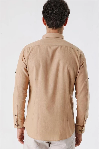 Camel Kısalabilir Kollu Cepsiz Biyeli %100 Pamuk Casual Slim Fit Dar Kesim Gömlek 1004230179 - 6
