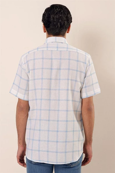 Koyu Mavi Kısa Kollu EkoseliCepli %100 Pamuk Klasik Comfort Fit Rahat Kesim Gömlek 1004230173 - Resim 5