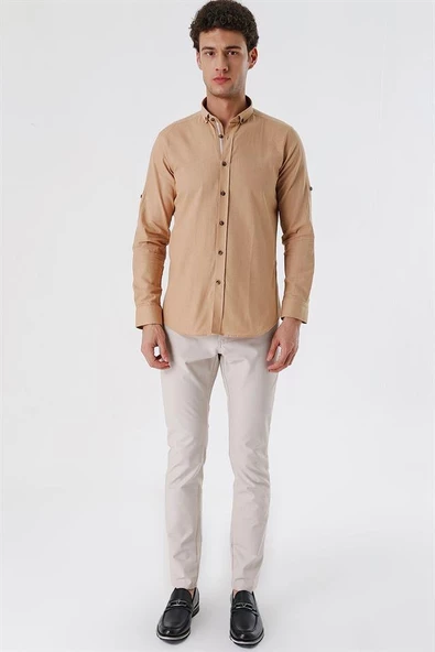 Camel Kısalabilir Kollu Cepsiz Biyeli %100 Pamuk Casual Slim Fit Dar Kesim Gömlek 1004230179 - 4