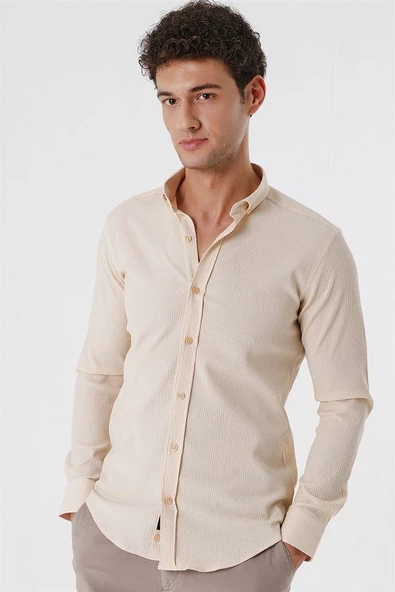 Açık Bej Uzun Kollu Gofreli Cepsiz Pamuklu Likralı Klasik Slim Fit Dar Kesim Gömlek 1004230178