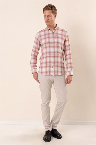 Kiremit Uzun Kollu Kareli Cepsiz %100 Pamuk Klasik Slim Fit Dar Kesim Gömlek 1004230176 - Resim 2