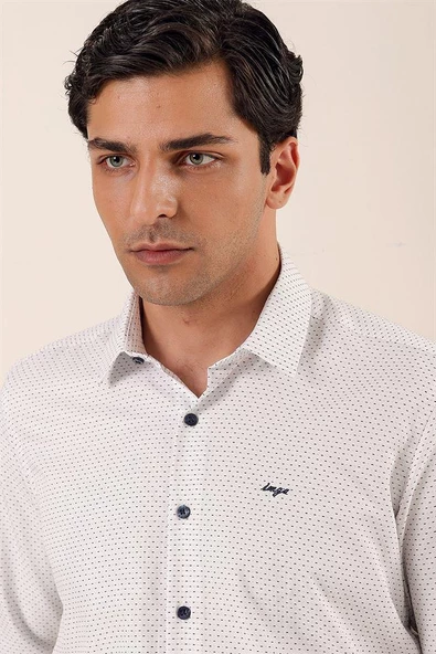 Siyah Uzun Kollu Desenli Armürlü Sert Yaka Cepsiz Pamuklu Klasik Slim Fit Gömlek 1004230177 - Resim 4