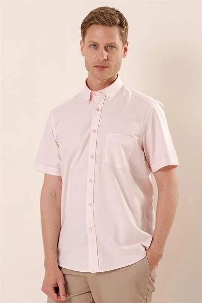 Pudra Kısa Kollu DesenliCepli Pamuklu Klasik Comfort Fit Rahat Kesim Gömlek 1004230174 - Resim 3