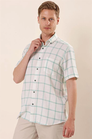 Yeşil Kısa Kollu EkoseliCepli %100 Pamuk Klasik Comfort Fit Rahat Kesim Gömlek 1004230173 - 3