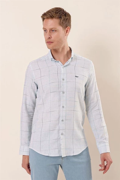 Koyu Mavi Uzun Kollu Kareli Cepsiz Klasik Slim Fit Dar Kesim Gömlek 1004230175 - Resim 3