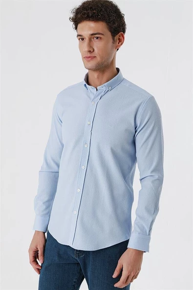 Koyu Mavi Uzun Kollu Gofreli Cepsiz Pamuklu Likralı Klasik Slim Fit Dar Kesim Gömlek 1004230178 - Resim 3