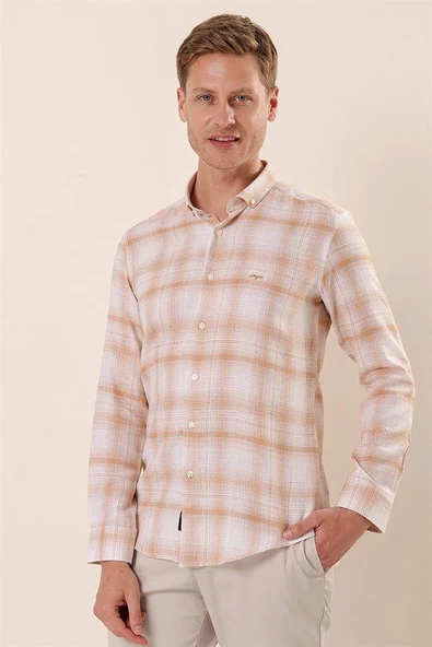 Bej Uzun Kollu Kareli Cepsiz %100 Pamuk Klasik Slim Fit Dar Kesim Gömlek 1004230176