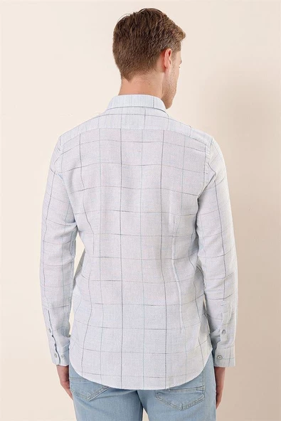 Koyu Mavi Uzun Kollu Kareli Cepsiz Klasik Slim Fit Dar Kesim Gömlek 1004230175 - Resim 5