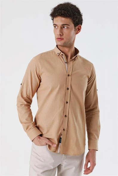 Camel Kısalabilir Kollu Cepsiz Biyeli %100 Pamuk Casual Slim Fit Dar Kesim Gömlek 1004230179 - 2