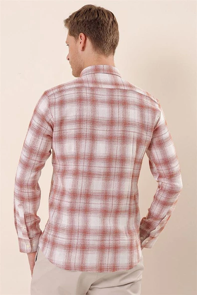 Kiremit Uzun Kollu Kareli Cepsiz %100 Pamuk Klasik Slim Fit Dar Kesim Gömlek 1004230176 - Resim 5