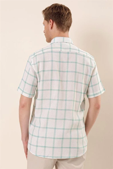 Yeşil Kısa Kollu EkoseliCepli %100 Pamuk Klasik Comfort Fit Rahat Kesim Gömlek 1004230173 - 5