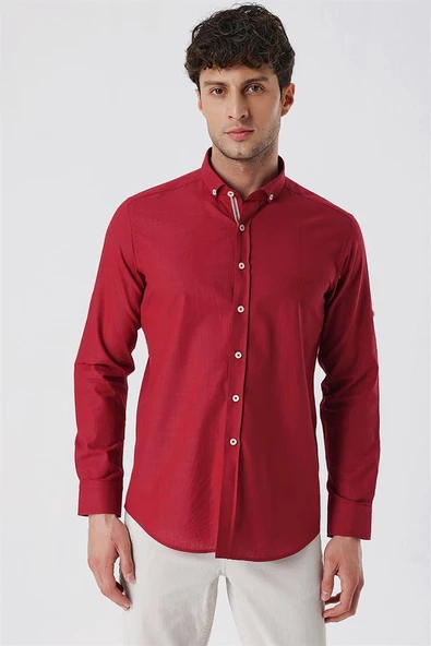 Koyu Kırmızı Kısalabilir Kollu Cepsiz Biyeli %100 Pamuk Casual Slim Fit Dar Kesim Gömlek 1004230179