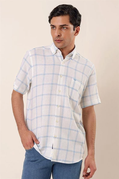 Koyu Mavi Kısa Kollu EkoseliCepli %100 Pamuk Klasik Comfort Fit Rahat Kesim Gömlek 1004230173 - Resim 3