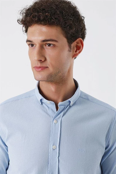 Koyu Mavi Uzun Kollu Gofreli Cepsiz Pamuklu Likralı Klasik Slim Fit Dar Kesim Gömlek 1004230178 - Resim 4