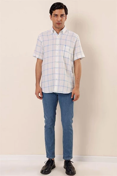 Koyu Mavi Kısa Kollu EkoseliCepli %100 Pamuk Klasik Comfort Fit Rahat Kesim Gömlek 1004230173 - Resim 2