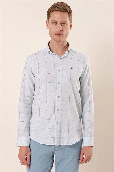 Koyu Mavi Uzun Kollu Kareli Cepsiz Klasik Slim Fit Dar Kesim Gömlek 1004230175