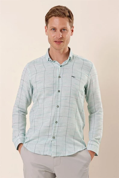 Koyu Yeşil Uzun Kollu Kareli Cepsiz Klasik Slim Fit Dar Kesim Gömlek 1004230175