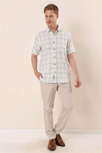 Yeşil Kısa Kollu EkoseliCepli %100 Pamuk Klasik Comfort Fit Rahat Kesim Gömlek 1004230173 - 2